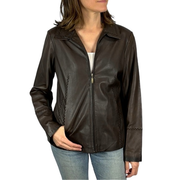 JONES NEW YORK 90S ZIP FRONT STITCHED TRIM TAILORED CLASSIC BROWN LEATHER JACKET - Picture 1 of 14